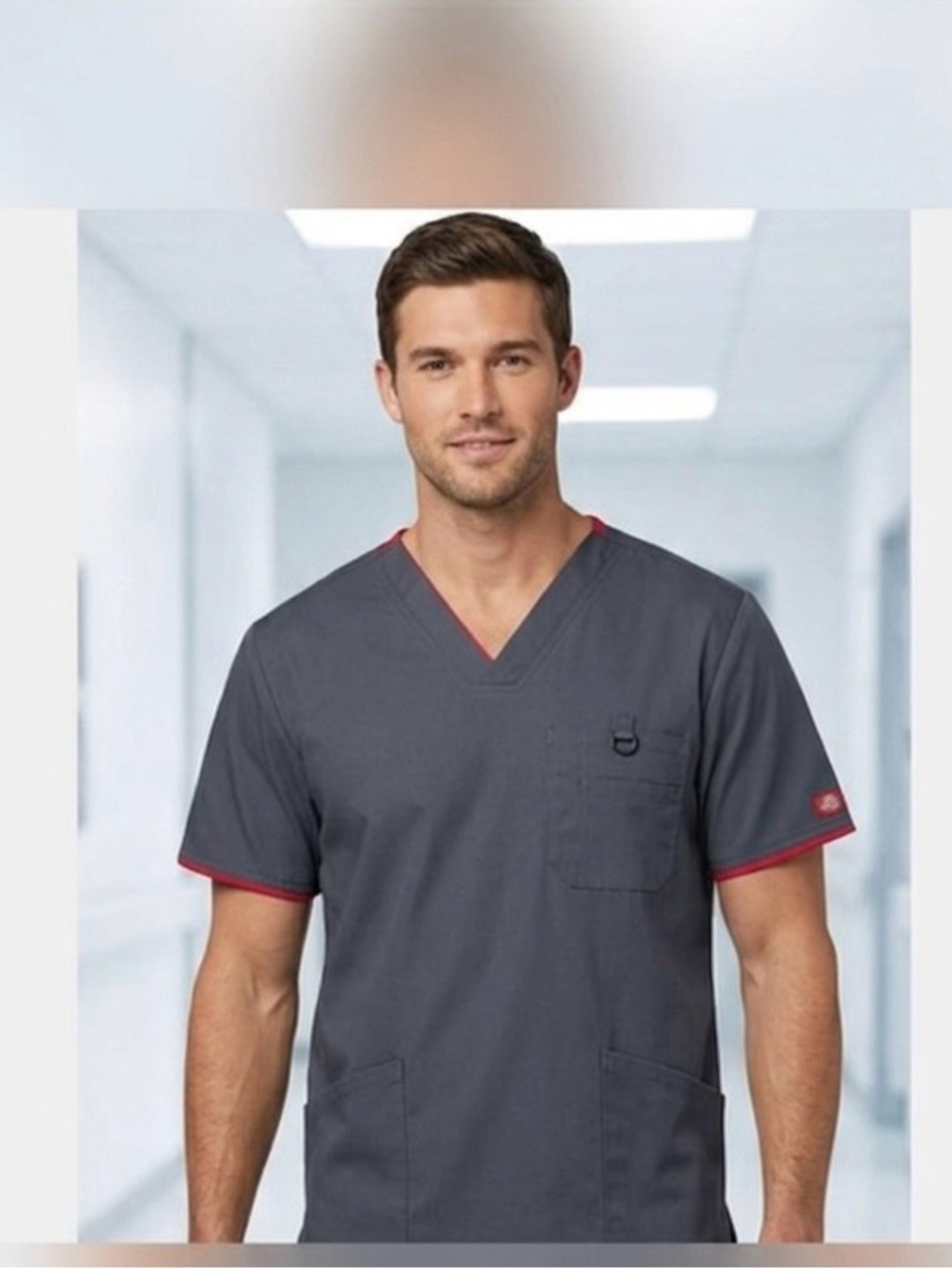 Dickies Pewter Gray V-Neck EDS Signature Scrub Top with Red Trim NWT Men’s XL
